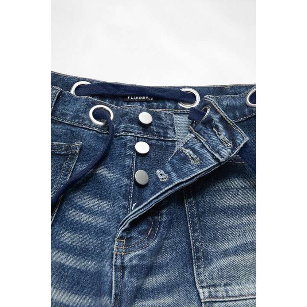 Flamingals Drawstring Grommet Eyelet Mid Waist Barrel Jeans - Picture 4 of 5